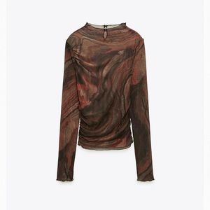 Zara printed tulle long sleeve top red black sz XS